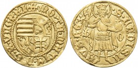 UNGHERIA. Mattia Corvino, 1458-1490. Ducato 1465. Au gr. 3,44 Dr. Stemma inquartato. Rv. Il re stante con globo crucigero. Pohl K 37; Fried. 20.
Raro...