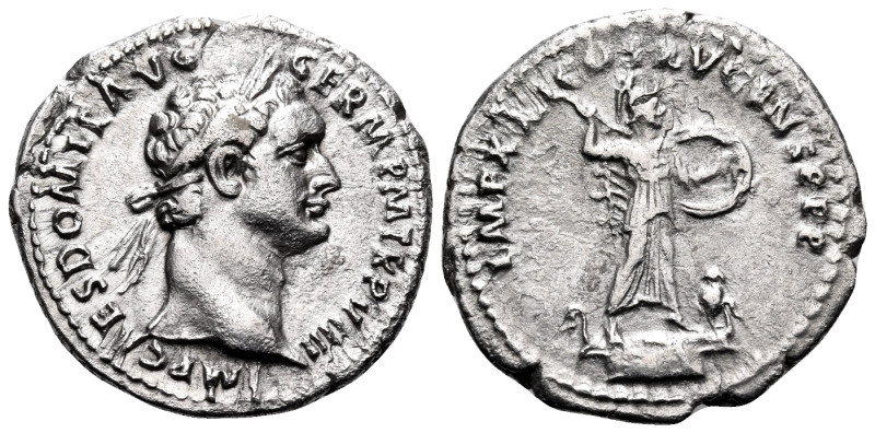 Domitian, 81-96. Denarius (Silver, 19 mm, 3.08 g, 7 h), Rome. IMP CAES DOMIT AVG...