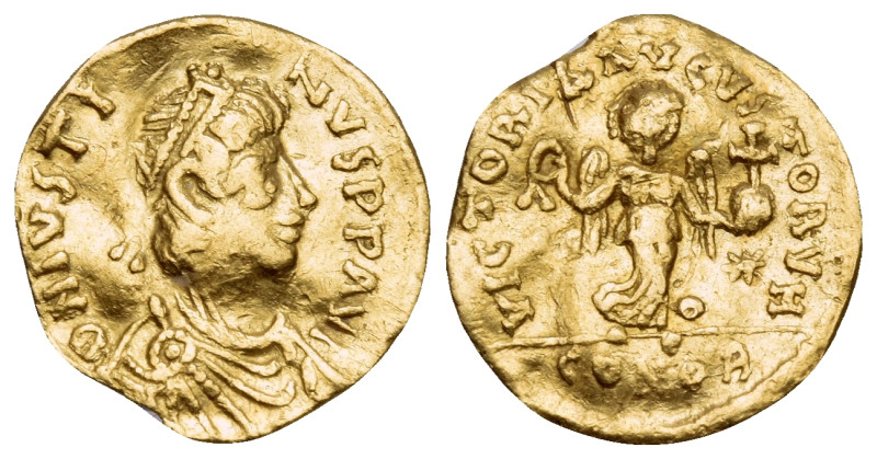 Justin I, 518-527. Tremissis (Gold, 14 mm, 1.00 g, 6 h), Constantinople. D N IVS...