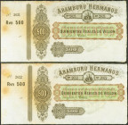 500 Reales de Vellón. (18__ca). Pareja correlativa. Aramburu Hermanos, Cádiz (matriz a la izquierda)(manchas del tiempo). Para entender mejor la conte...