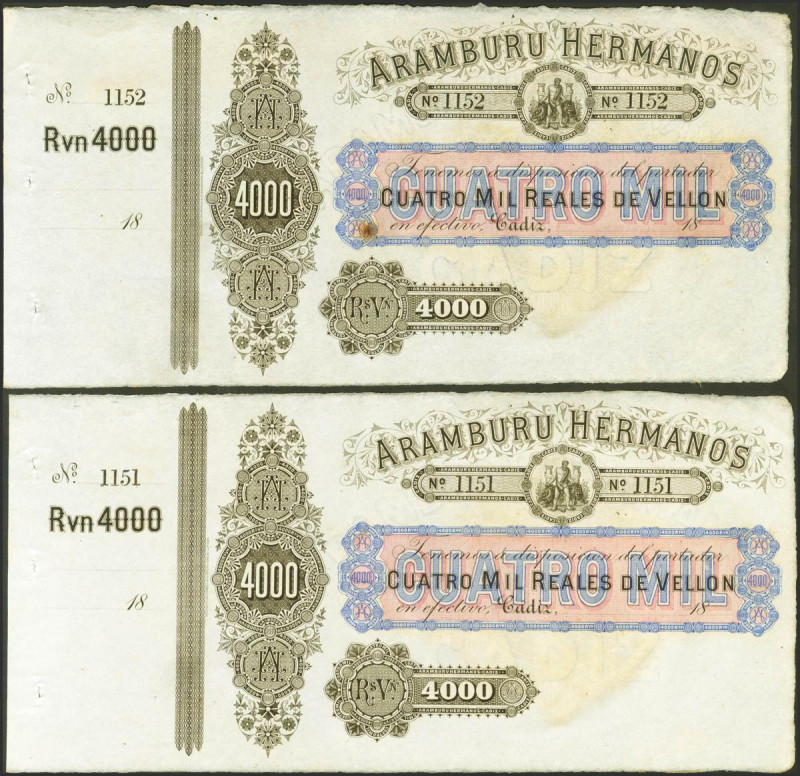 4000 Reales de Vellón. (18__ca). Pareja correlativa. Aramburu Hermanos, Cádiz (m...