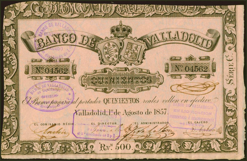 500 Reales de Vellón. 1 de Agosto de 1857. Banco de Valladolid. Serie C. (Edifil...