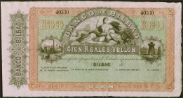 100 Reales. 21 de Agosto de 1857. Banco de Bilbao. Serie F, sin firmas y con numeración. (Edifil 2021: 143). SC-.