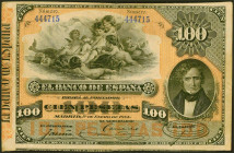100 Pesetas. 1 de Enero de 1884. Sin serie. (Edifil 2017: 284). Inusual, especialmente sin reparaciones, billete con una enorme presencia. MBC.