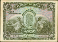 500 Pesetas. 28 de Enero de 1907. Sin serie. (Edifil 2021: 316). Raro, especialmente sin ninguna reparación, la mayoría de ejemplares han sido restaur...