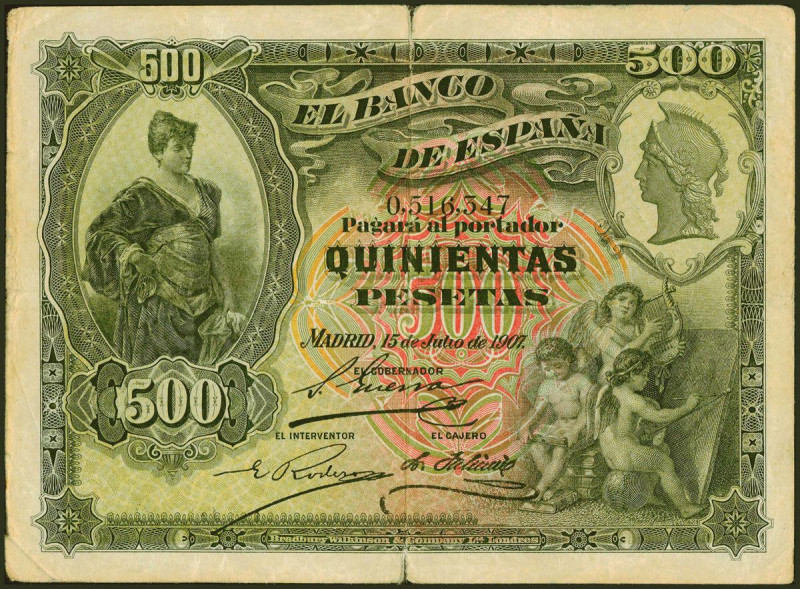 500 Pesetas. 15 de Junio de 1907. Sin serie. (Edifil 2021: 321). Inusual. BC.