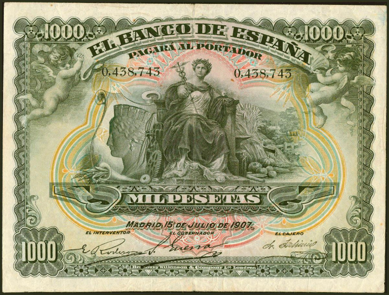 1000 Pesetas. 15 de Julio de 1907. Sin serie. (Edifil 2021: 322). Inusual. BC+.