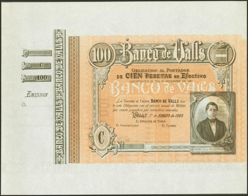 100 Pesetas. 1 de Enero de 1922. Banco de Valls. Serie C, sin numeración, sin fi...