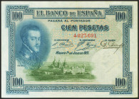 100 Pesetas. 1 de Julio de 1925. Sin serie. (Edifil 2021: 323, Pick: 69a). Raro, especialmente conservando parte de su apresto original. EBC.