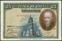 25 Pesetas. 15 de Agosto de 1928. Serie A y numeración inferior a 7780000. (Edifil 2017: 328a). Conserva parte del apresto original, puntitos del tiem...