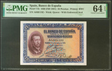 25 Pesetas. 12 de Octubre de 1926. Serie A y sello en seco GOBIERNO PROVISIONAL DE LA REPUBLICA / 14 ABRIL 1931. (Edifil 2021: 335, Pick: 71b). Rarísi...