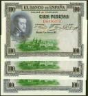 100 Pesetas. 1 de Julio de 1925. Trío correlativo. Serie D. (Edifil 2021: 350). Apresto original. SC-.