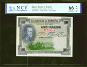 100 Pesetas. 1 de Junio de 1925. Serie F. (Edifil 2021: 350, Pick: 69c). Inusual en esta excepcional calidad, apresto original SC. Encapsulado NCV66TQ...