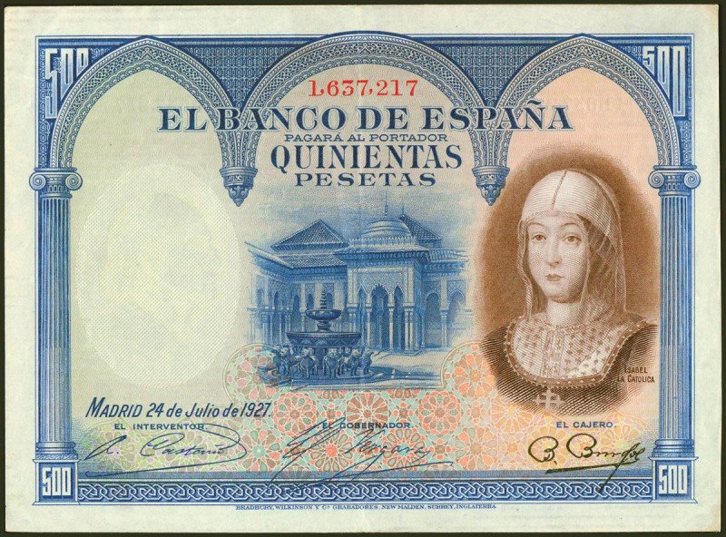 500 Pesetas. 24 de Julio de 1927. Sin serie y numeración posterior a 1602000. (E...