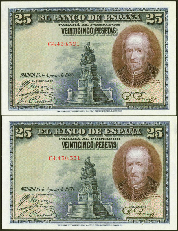 25 Pesetas. 15 de Agosto de 1928. Pareja correlativa. Serie C. (Edifil 2021: 353...