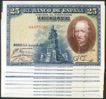 Precioso conjunto de 9 billetes correlativos de 25 Pesetas emitidos el 15 de Agosto de 1928 con la serie C (Edifil 2021: 353), conservando todo su apr...