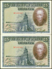25 Pesetas. 15 de Agosto de 1928. Pareja correlativa. Serie D. (Edifil 2021: 353). Conserva todo su apresto original. SC.