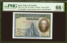 25 Pesetas. 15 de Agosto de 1928. Serie E. (Edifil 2021: 353, Pick: 74b). Raro en esta excepcional calidad, apresto original. SC. Encapsulado PMG66EPQ...