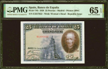 25 Pesetas. 15 de Agosto de 1928. Serie E. (Edifil 2021: 353, Pick: 74b). Apresto original. SC. Encapsulado PMG65EPQ.