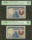 25 Pesetas. 15 de Agosto de 1928. Pareja correlativa. Serie E. (Edifil 2021: 353). Apresto original. SC. Encapsulado PMG65EPQ, ambos.