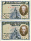25 Pesetas. 15 de Agosto de 1928. Pareja correlativa. Serie E. (Edifil 2021: 353). Apresto original. SC.