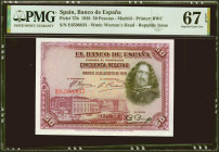 50 Pesetas. 15 de Agosto de 1928. Serie E, última serie emitida. (Edifil 2021: 354, Pick: 75b). Raro en esta excepcional calidad, apresto original. SC...