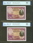 50 Pesetas. 15 de Agosto de 1925. Pareja correlativa. Serie E. (Edifil 2021: 354, Pick: 75b). Apresto original. SC. Encapsulados NCV66TQP, ambos.