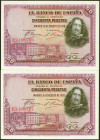 50 Pesetas. 15 de Agosto de 1928. Pareja correlativa. Serie E. (Edifil 2021: 354). Apresto original. SC-.