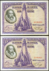 100 Pesetas. 15 de Agosto de 1928. Pareja correlativa. Sin serie. (Edifil 2021: 355). Inusual en esta calidad, apresto original. EBC+.