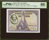 100 Pesetas. 15 de Agosto de 1928. Serie A. (Edifil 2021: 355a, Pick: 76a). Raro en esta excepcional calidad, apresto original. SC. Encapsulado PMG66E...