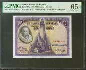 100 Pesetas. 15 de Agosto de 1928. Serie A. (Edifil 2021: 355a, Pick: 76a). Raro en esta calidad, apresto original. SC. Encapsulado PMG65EPQ.