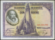 100 Pesetas. 15 de Agosto de 1928. Serie A. (Edifil 2021: 355a). Apresto original. SC.