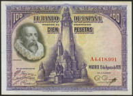 100 Pesetas. 15 de Agosto de 1928. Serie A. (Edifil 2021: 355a). Conserva gran parte de su apresto original. EBC+.