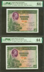 500 Pesetas. 15 de Agosto de 1928. Pareja correlativa. Sin serie. (Edifil 2021: 356, Pick: 77a). Apresto original. SC. Encapsulado PMG64EPQ, ambos.