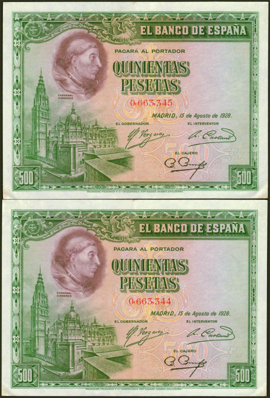 500 Pesetas. 15 de Agosto de 1928. Pareja correlativa. Sin serie. (Edifil 2021: ...