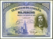 1000 Pesetas. 15 de Agosto de 1928. Sin serie. (Edifil 2021: 357). Manchita del tiempo en la esquina derecha superior, conserva todo su apresto origin...