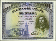 1000 Pesetas. 15 de Agosto de 1928. Sin serie. (Edifil 2021: 357). Conserva gran parte del apresto original. EBC.