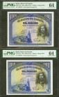 1000 Pesetas. 15 de Agosto de 1928. Pareja correlativa. Sin serie. (Edifil 2021: 357, Pick: 78a). Inusual en esta calidad. SC. Encapsulados PMG64, amb...