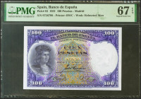 100 Pesetas. 25 de Abril de 1931. Sin serie. (Edifil 2021: 360, Pick: 83). Raro en esta excepcional calidad, apresto original. SC. Encapsulado PMG67EP...