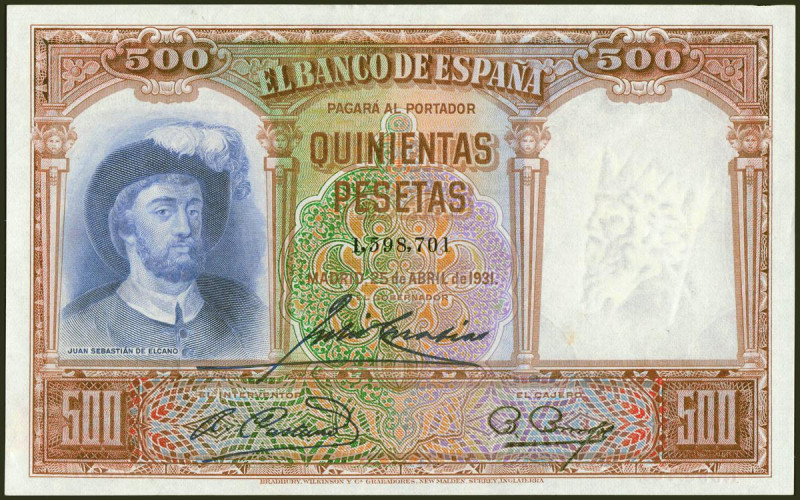 500 Pesetas. 25 de Abril de 1931. Sin serie. (Edifil 2021: 361). Conserva todo e...