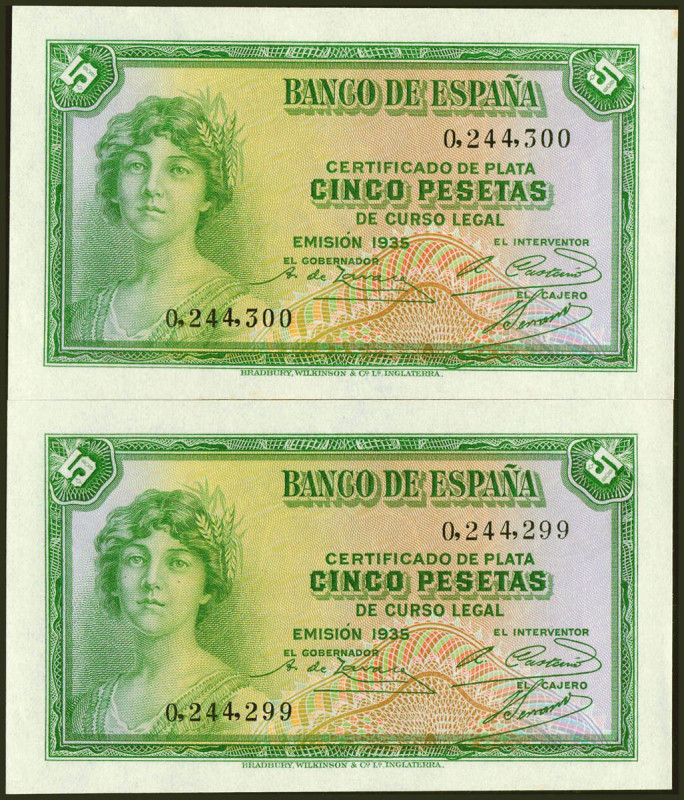 5 Pesetas. 1935. Pareja correlativa. Certificado de Plata. Sin serie. (Edifil 20...