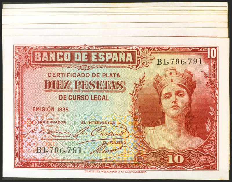 Conjunto de 9 billetes correlativos de 10 Pesetas Certificado de Plata emitidos ...