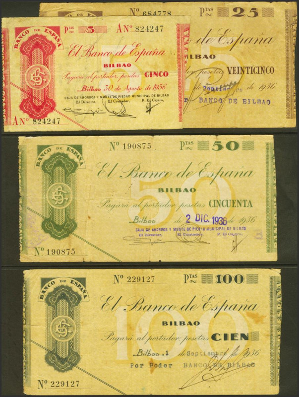 Serie completa de 4 billetes de 5 Pesetas, 25 Pesetas, 50 Pesetas y 100 Pesetas,...