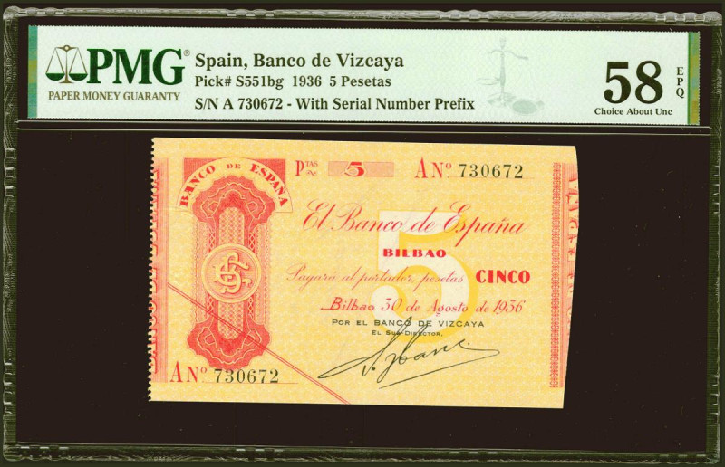 5 Pesetas. 30 de Agosto de 1936. Sucursal de Bilbao, antefirma del Banco de Vizc...