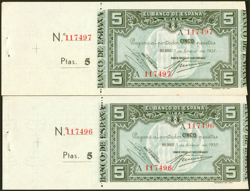 5 Pesetas. 1 de Enero de 1937. Pareja correlativa. Serie A y antefirma Banco Urq...