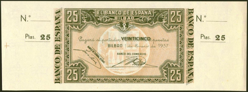 25 Pesetas. 1 de Enero de 1937. Sucursal de Bilbao, antefirma Banco del Comercio...