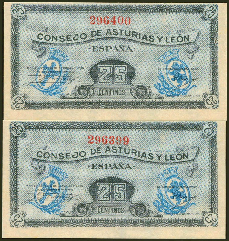 25 Céntimos. 1937. Pareja correlativa. Asturias y León. Sin serie. (Edifil 2021:...