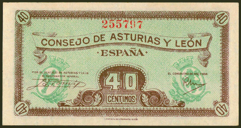 40 Céntimos. 1937. Asturias y León. Sin serie. (Edifil 2021: 395). Apresto origi...