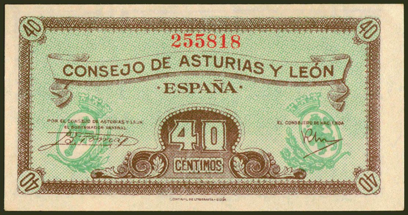 40 Céntimos. 1937. Asturias y León. Sin serie. (Edifil 2021: 395). Apresto origi...