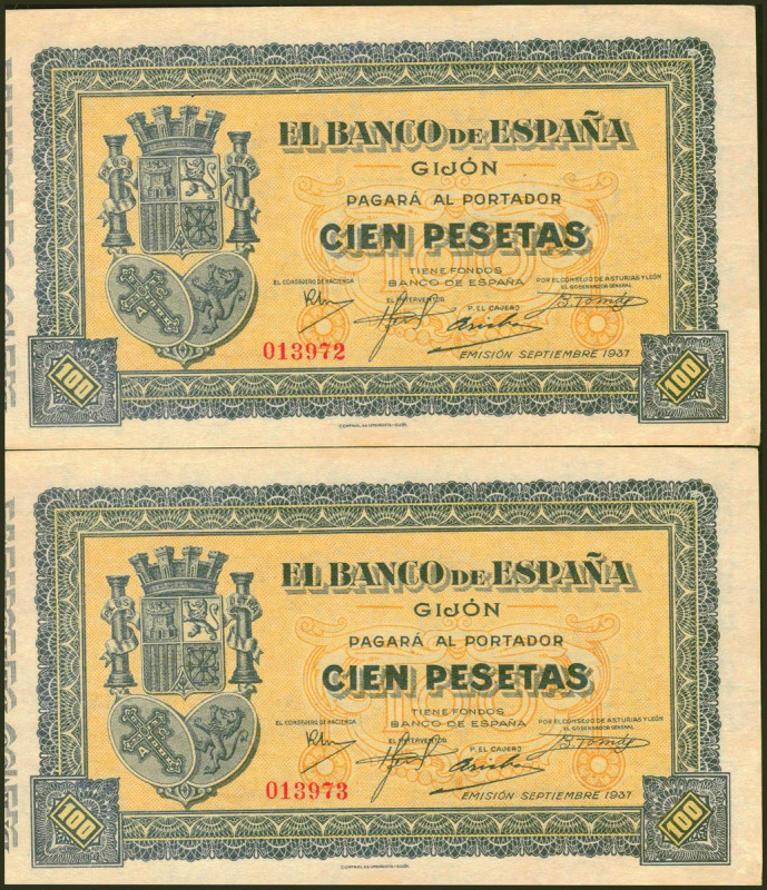 100 Pesetas. Septiembre 1937. Pareja correlativa. Sin serie. (Edifil 2021: 399)....